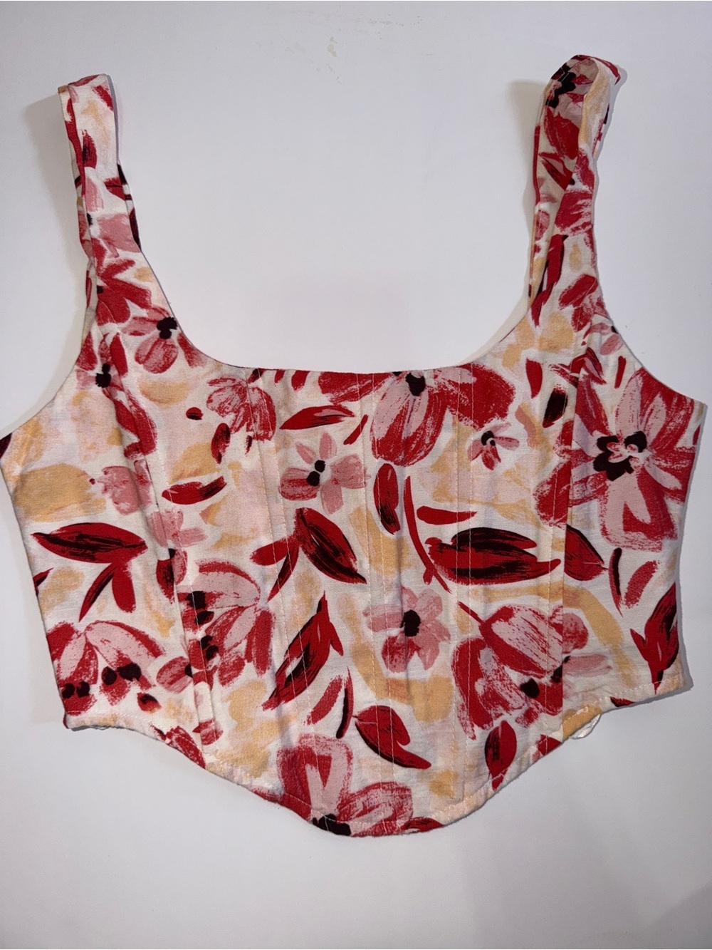 Floral Red and Cream Square-Neck Corset Crop Top